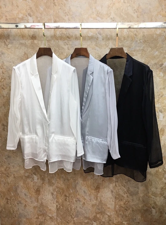 

Early Autumn 2019 New Lady Turn-lapel Pure Long Sleeve Perspective Thin Suit Short Jacket 727