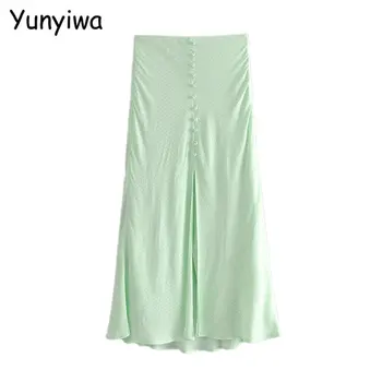 

women dots green midi skirt faldas mujer vintage side zipper office ladies elegant chic mid calf skirts 6A181