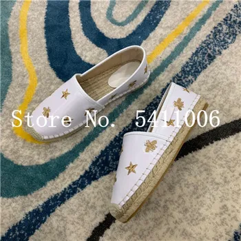 

Designer Espadrilles genuine leather Slip On Women flat Shoes Luxury Brand bee star embroider summer girl Flats casual shoe