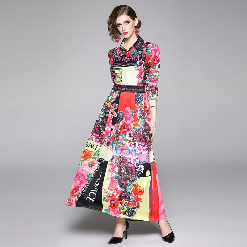 

Runway Autumn Turn-Down Collar Fashion Printed Floral Dress Vintage Long-Sleeved Single-Breasted High Waist Elegant Maxi Dress