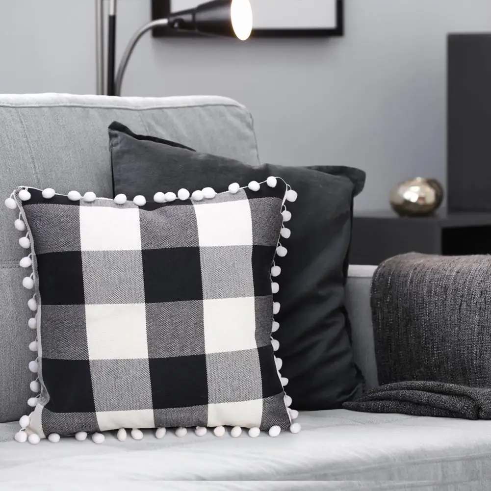 

DishyKooker Plaid Pattern Linen Throw Pillow Cover with Ball Tassel for Home Office