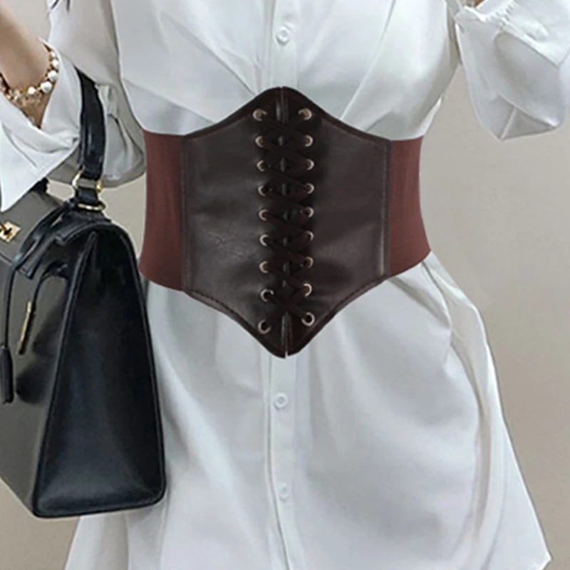 Womens Artificial Leather Underbust Corset Waist Belt Steampunk Vintage Sexy Bustier Criss Cross Lace-Up Elastic Cincher Girdle sparkly belt