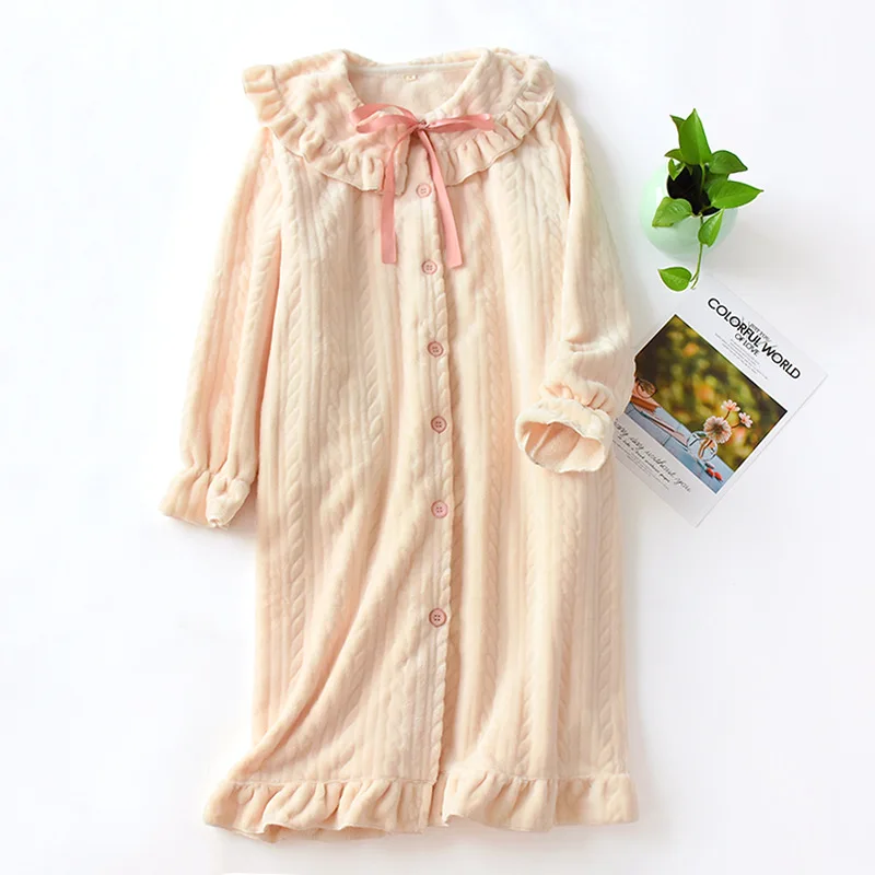 Winter thicken sweet doll collar night dress women nightgowns Japanese casual long sleeve indoor cute women princess sleepdress - Цвет: Цвет: желтый