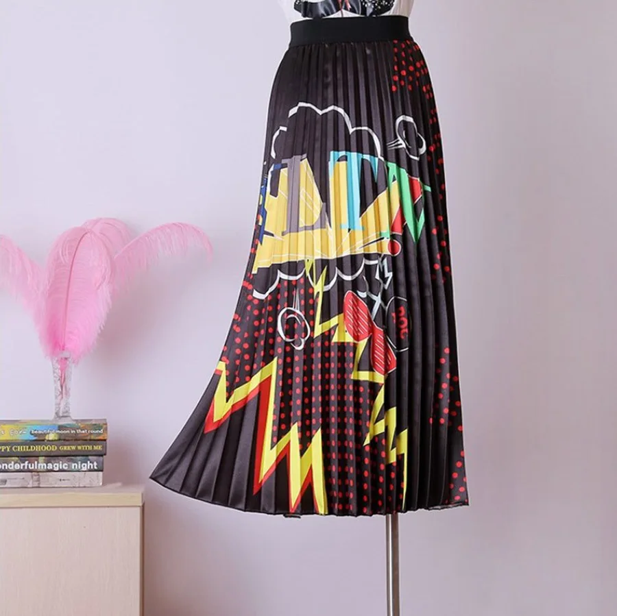 eDressU Vintage Pleated Skirt Floral Print Midi Long Skirt A-Line Stretchy High Waist Bottom Skirt LS-9853