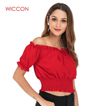 

Off Shoulder Ruffle Salsh Neck Blouse Women 2020 Summer Sexy Club Tops Chiffon Lace Up Bow Tie Blouses Elastic Waist Short Shirt