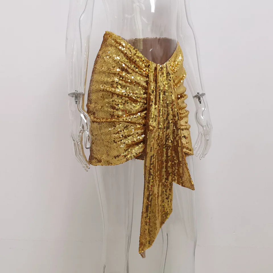 DEAT Осенняя элегантная сексуальная юбка с золотыми блестками, Женская шикарная асимметрично драпированные короткая юбка со складками, Сексуальные клубные вечерние MH032