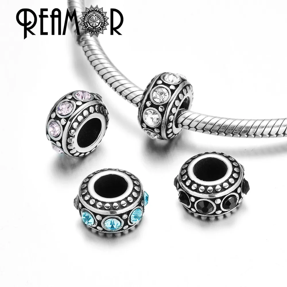 

REAMOR 316L Stainless Steel 4 Colors Silver Tone Color Crystal Spacer European Charm Beads For DIY Bracelet Jewelry Findings