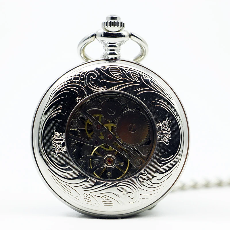 6 pieces Skeleton Roman Numerals Mechanical Hand Wind Pocket Watch Silver Long Necklace with for Men/Women Silver Case