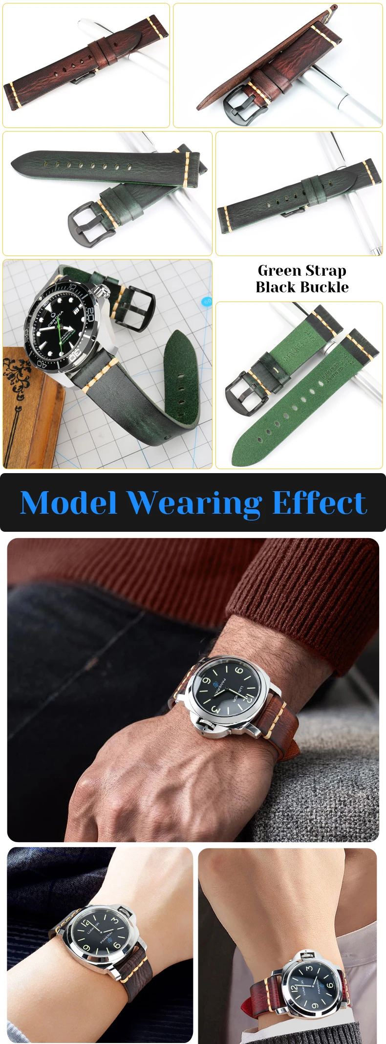 Maikes Genuine Leather Watchband for Galaxy Watch Strap 18mm 20mm 22mm 24mm Watch Band Tissote Timex Omega Wrist Bracelets