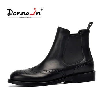 

Donna-in Women Black Genuine Leather Boots Carved Ankle Boots Low Heels Ladies Platform Chelsea Boots Autumn 2020 Ladies Shoes
