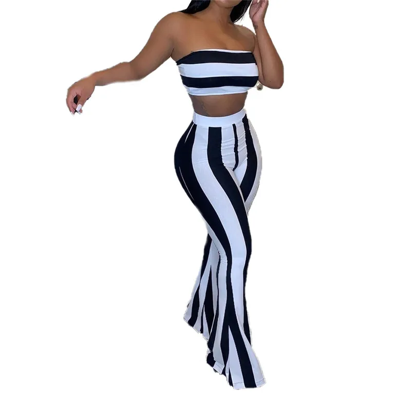 2020 Women Casual Striped Set Strapless Tube Tops+Flare Pants Bell Bottoms 2PCS Fashion Ladies Outdoor Summer Clothing S-2XL