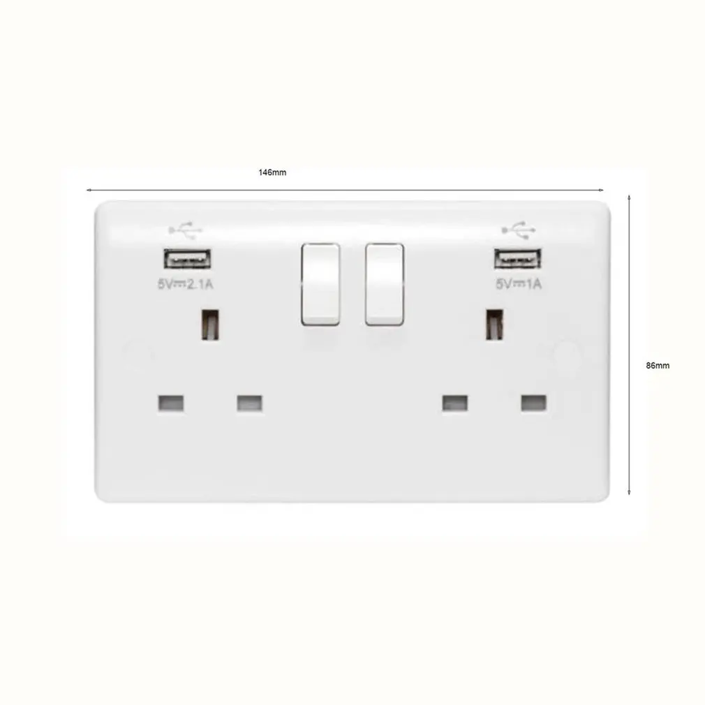 Double Wall Plug Socket 2 Gang 2.1A With 2 USB Ports Portable Screwless Slim Flat Plate Home ABS Socket UK Plug
