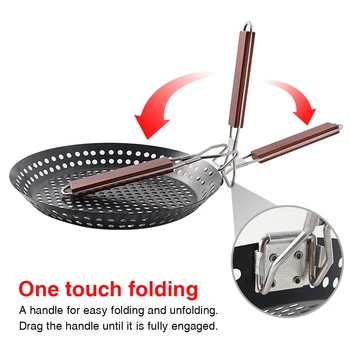 

Multifunctional Kitchen Tool Non Stick Round Seafood Portable Grill Pan Perforated Picnic BBQ Frying Baking Pizza Folding Handle