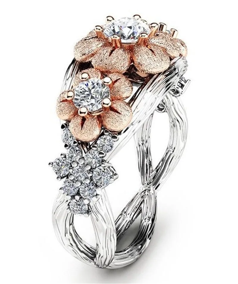

2019 Trendy Rose Gold Plum Blossom Color Separation Designer Silver Ring AAA Zircon Party Anniversary Rings for Women Jewelry