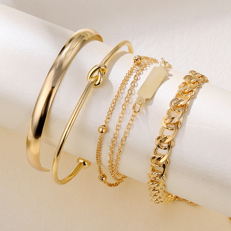 4 Pcs/Set Punk Gold Layered Chain Cuban Bracelets For Women Knot Cuff Bangles