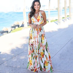 Primavera verão sexy casual feminino vestido longo de cintura alta com decote em v aberto para trás sem mangas férias praia vestido sling print robes halter