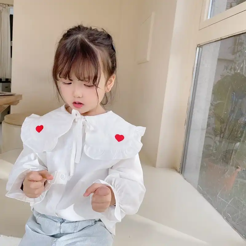 春の子供の長袖ピーターパンの襟刺繍ハートブラウス女の子子供トップス ブラウス シャツ Aliexpress