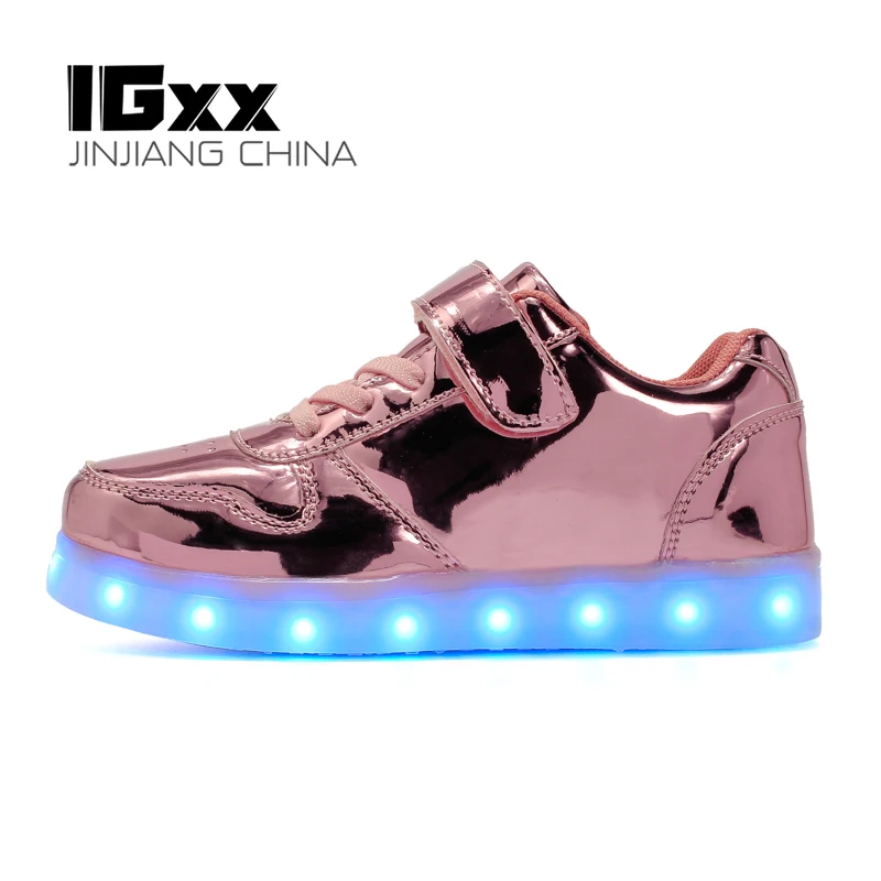 IGxx LED Light Up Shoes LED For Kids Hook&Loop USB Charging Glowing LED Girls Shoes Child Luminous Sneaker PU Toddler Pink