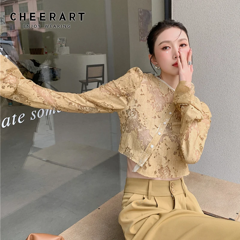

CHEERART Vintage Yellow Elegant Blouse Women Long Sleeve Flare Sleeve Crop Top Shirt Hollow Out High Fashion Designer Shirt