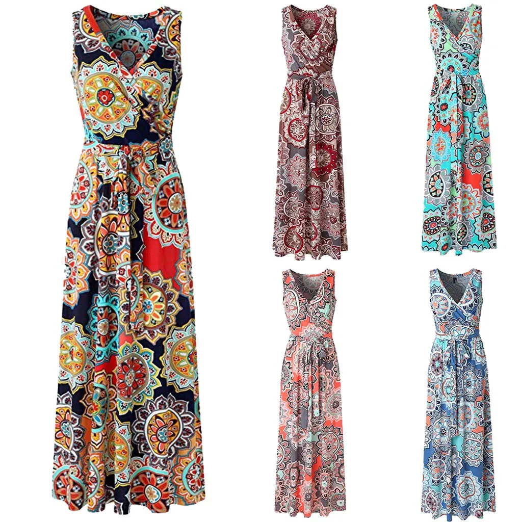 

30#Floral dress woman basic Sleeveless dress women summer flower printed Maxi Dress Casual Summer Long Dress sukienka vestidos
