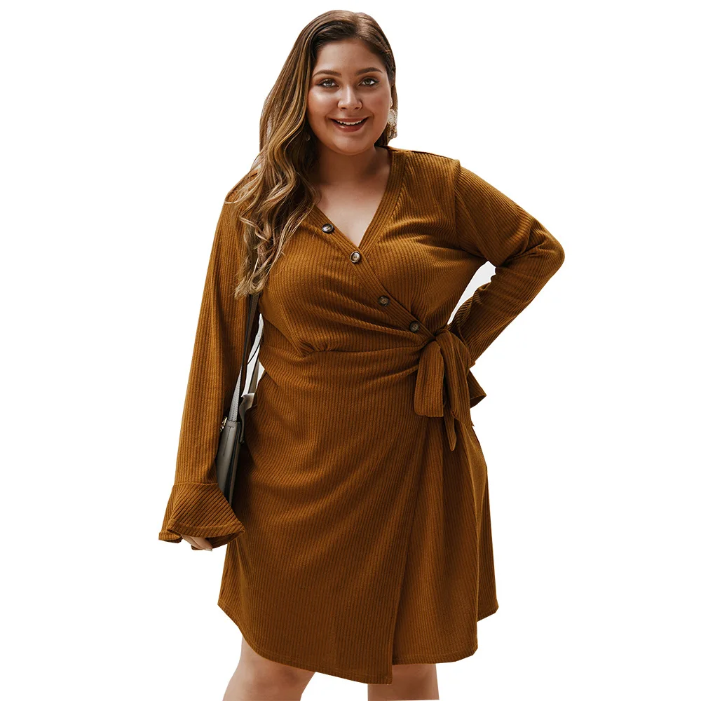 Осеннее зимнее платье-свитер размера плюс для женщин, Свободные повседневные сексуальные платья до колен с длинным рукавом и v-образным вырезом 4XL 5XL 6XL 7XL - Цвет: Brown