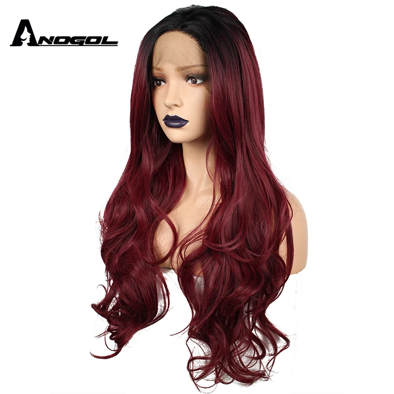 Anogol Ombre Brown Blonde Color Lace Part Synthetic Hair Wigs  With Natural Hairline Middle Part For Black American Women
