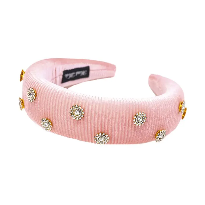 Розовый Womens Velvet Striped Headband Thick Sponge Padded Rhinestone Flower Hair Hoop 449F - Цвет: Розовый