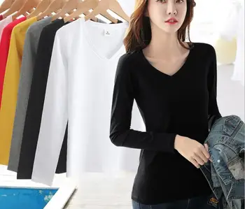 

Women's spring dress with cotton long sleeve base coat new slim fit Korean version with V-neck top and black V-Neck long sleeve