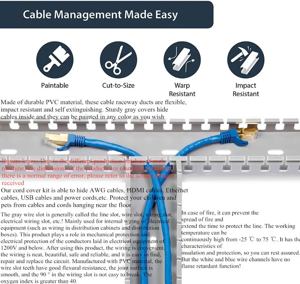 Cable Raceway Kit,Cable Management System Open Slot Wiring Raceway Duct Cover,Cable Concealer Cord Organizer Hide Wires Cords