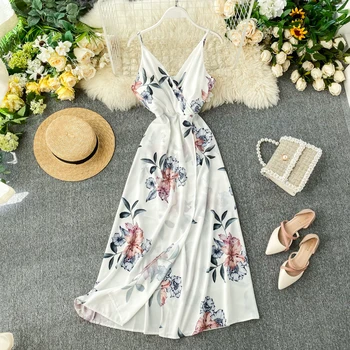 

FMFSSOM Women Floral Print Holiday Dress New Spring Summer Women's V Neck Sleeveless High Waist Beach Dresses