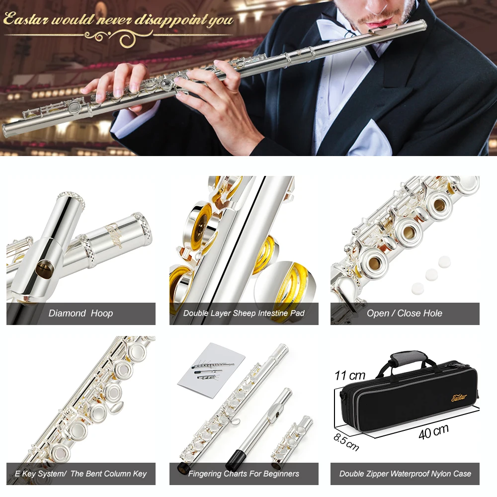 Cena Eastar EFL 2 otwarty zamknięty otwór C flety 16 klawiszy posrebrzany flet zestaw Instrument muzyczny z fletem etui z podstawką urządzenia do oczyszczania