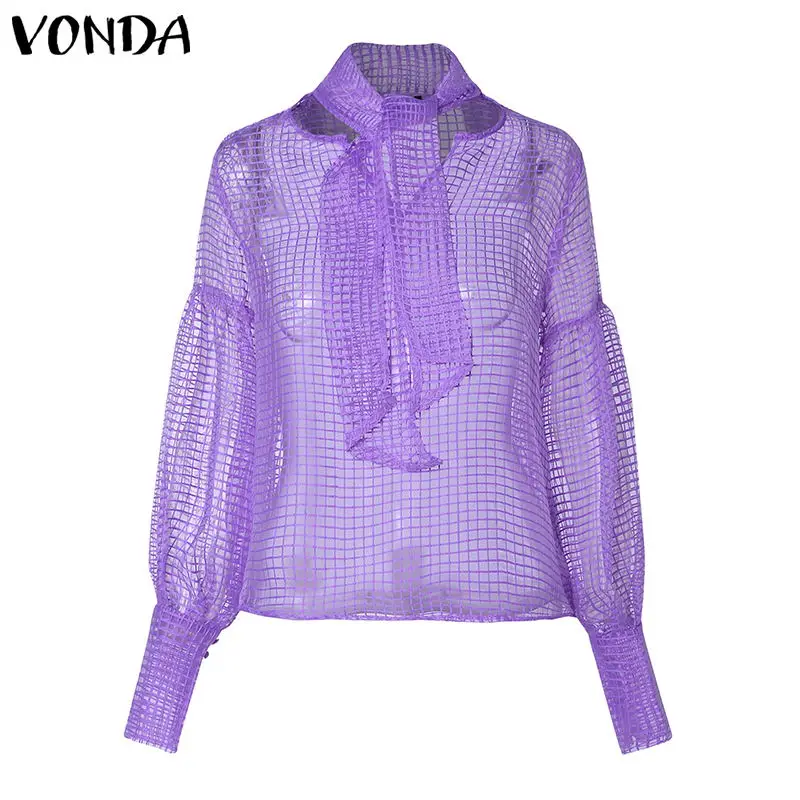 Рубашки женские блузки сексуальные открытые топы с рукавами-фонариками элегантные женские майки с шарфом VONDA прозрачные блузы плюс - Цвет: Light Purple