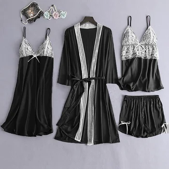 

Women Pajamas Sets Silk Pajamas Sleepwear Sets Sexy Lace Homewear Sleepwear 4 Pieces Spaghetti Strap Satin Pajamas