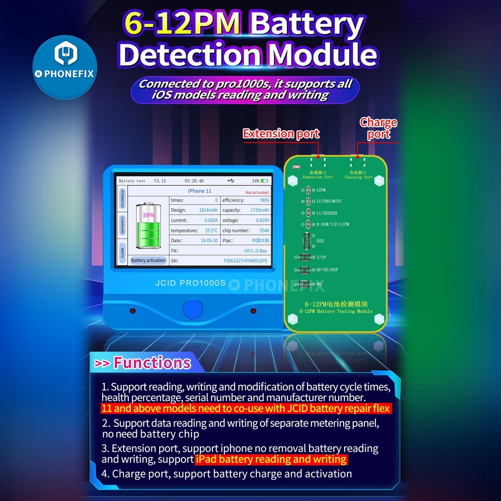 

JC Pro1000S Battery Test Module For iPhone 6-12 Pro Max Battery Read Write Serial Number/Cycle times Capacity Health Life Reset