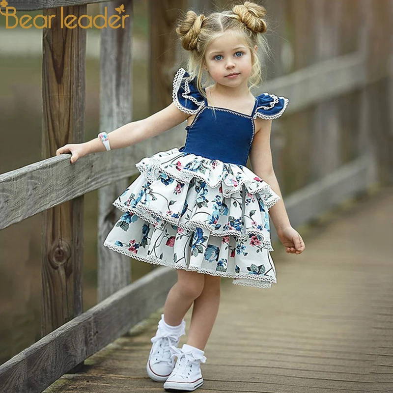 Bear leader/платье для девочек; Новинка; летний Повседневный стиль; милая Одежда для девочек с короткими рукавами и цветочным принтом и квадратным воротником