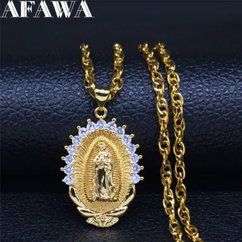 

2020 Blessed Virgin Mary Zircon Copper Stainless Steel Necklace for Women Gold Color Choker Necklace Jewelry collares NC86S02