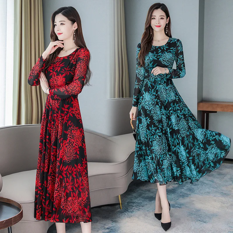 

2020 Spring New Style Slim Fit Slimming Waist Hugging Floral Dress Children Mid-length Loaded Fashion Ocean Women's