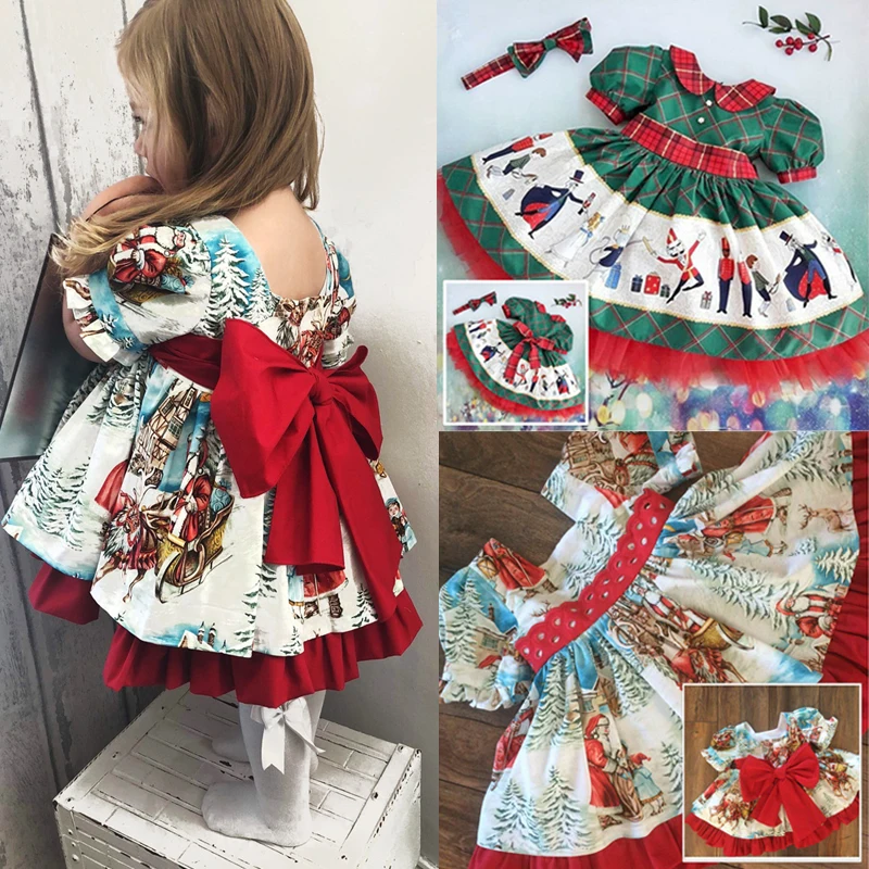 Christmas Toddler Kids Baby Girl Xmas Dress 1-6Y Flowers Print Party Cartoon Santa Swing Dress Clothes