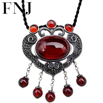 

FNJ 925 Silver Tassel Pendant for Jewelry Making Original Pure S925 Sterling Silver Pendants Women Garnet Red Stone MARCASITE