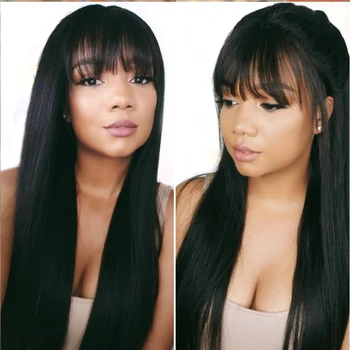 

Synthetic '' Part Wigs All Machine With Full Bangs 24inch Long Straight Black Color Hair Wigs For Women Fashion Medium Size