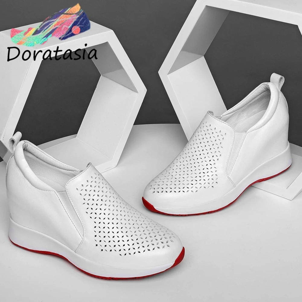 

DORATASIA New Girl Genuine Leather Platform Pumps Spring Summer slip-on Hollow Pumps Women Height Increasing Shoes Woman