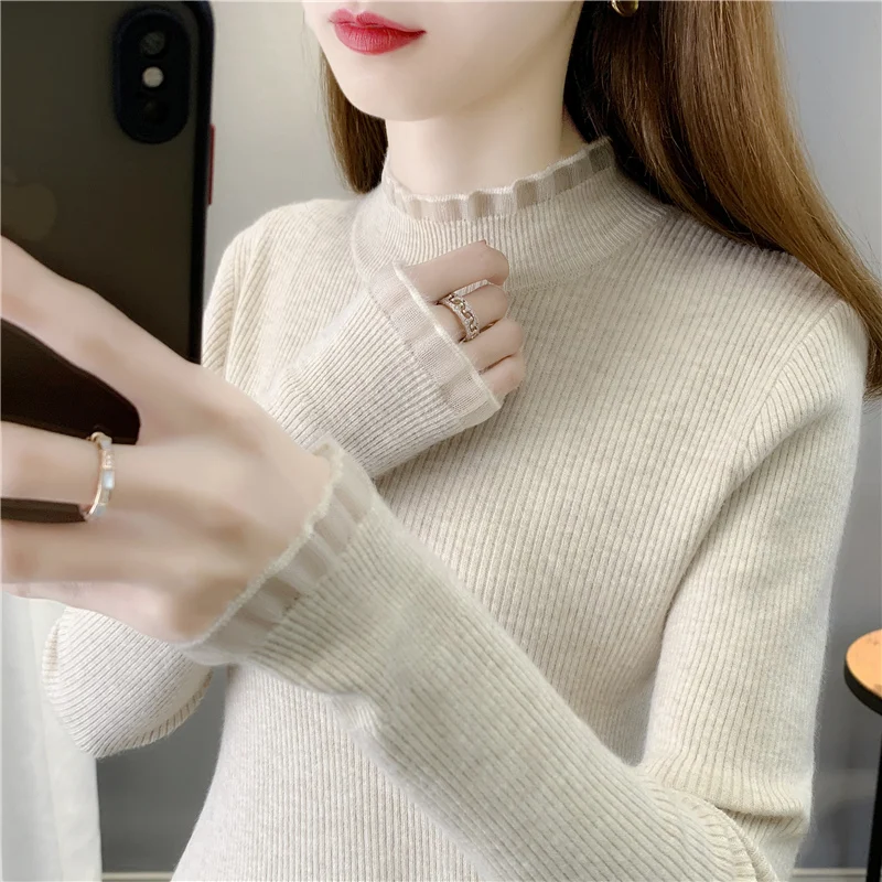 

and winter new sweater women's slim bottomed shirt women's inner lace Pullover foreign style knitted top long sleeve