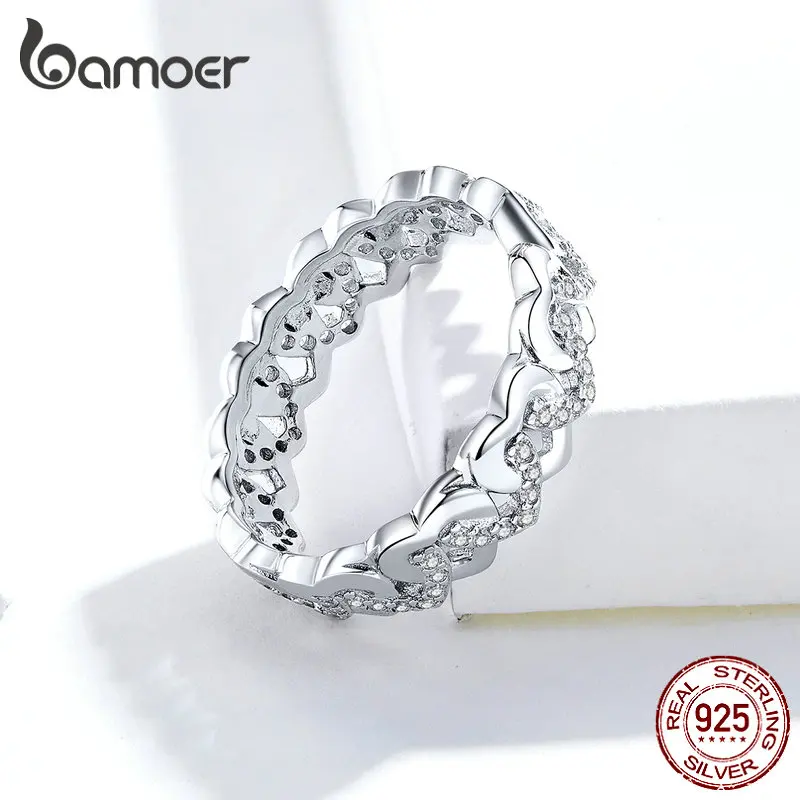 bamoer 925 Sterling Silver Heart Stackable Finger Rings for Women Jewelry Wide Vintage Clear CZ Wedding Statement Anillos SCR626