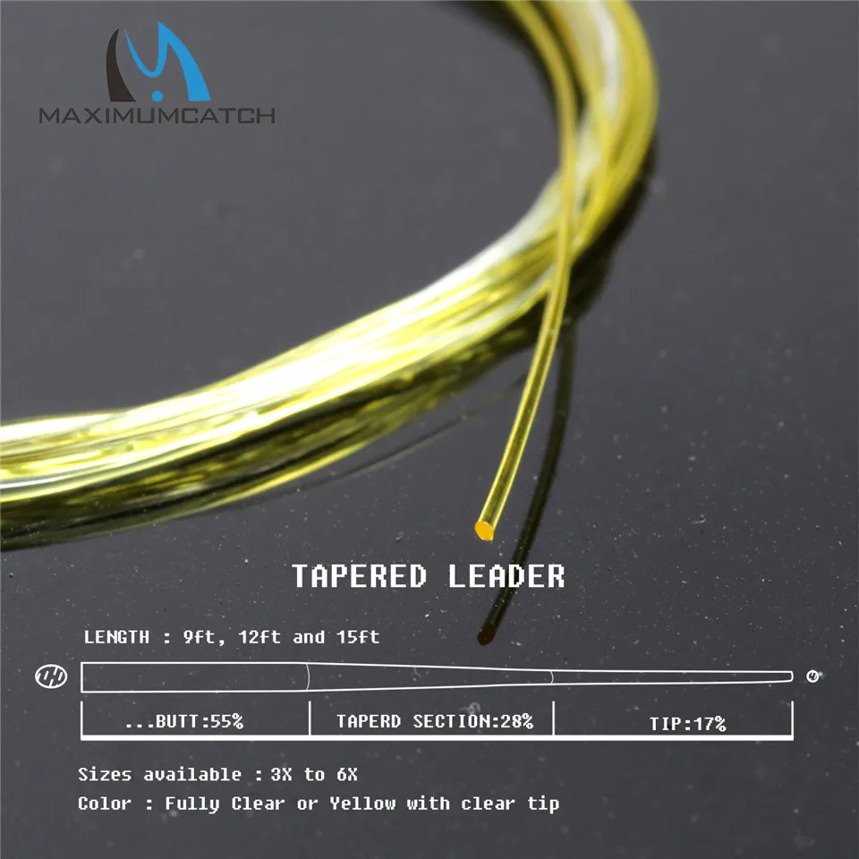 Maximumcatch Flat Butt Tapered Leader Fully Clear/Yellow With Clear Tip Fly  Fishing Leader Line 9ft/15ft 3X-5X