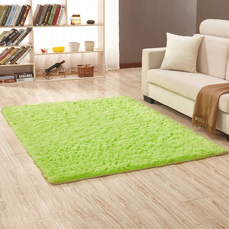 New 16 Color washed silk hair non-slip carpet living room coffee table blanket Bedroom bedside mat yoga rugs solid color plush - Color: green