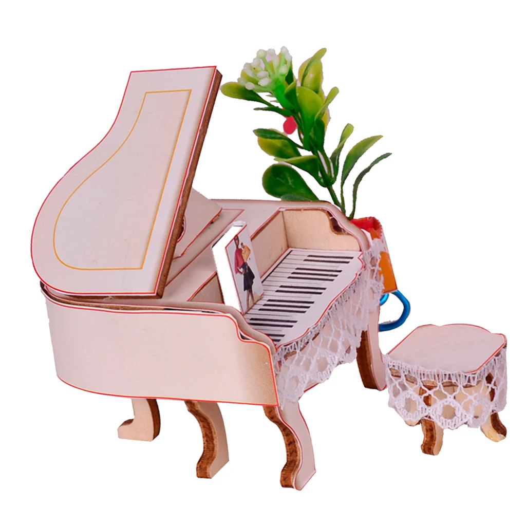 Dollhouse Musical Instruments Model, Piano with Stool Set, 1/24 Scale Dolls House Musical Room Furnishings