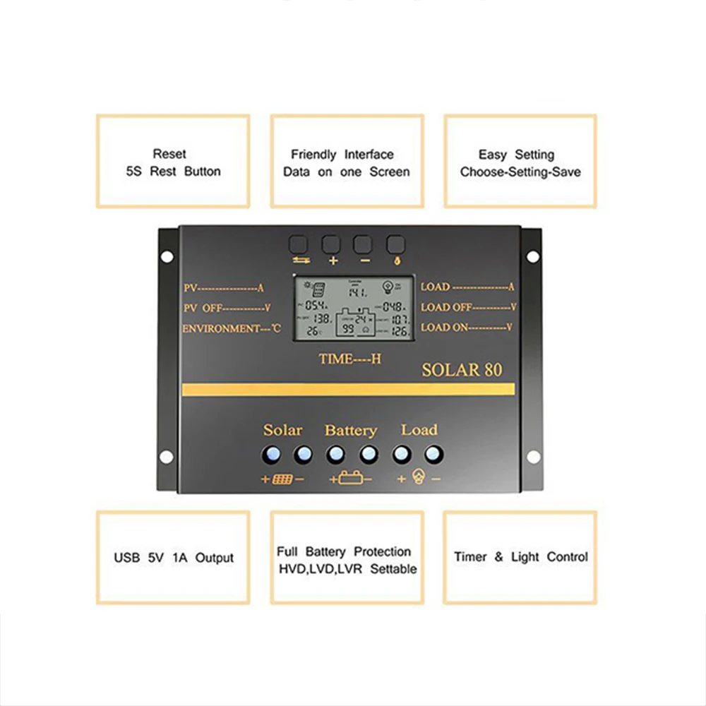 

Hot SOLAR80 12V/24V 80A Multi-Protection Intelligent LCD Screen Solar Charge Controller Circuit Protection Durable ABS Case