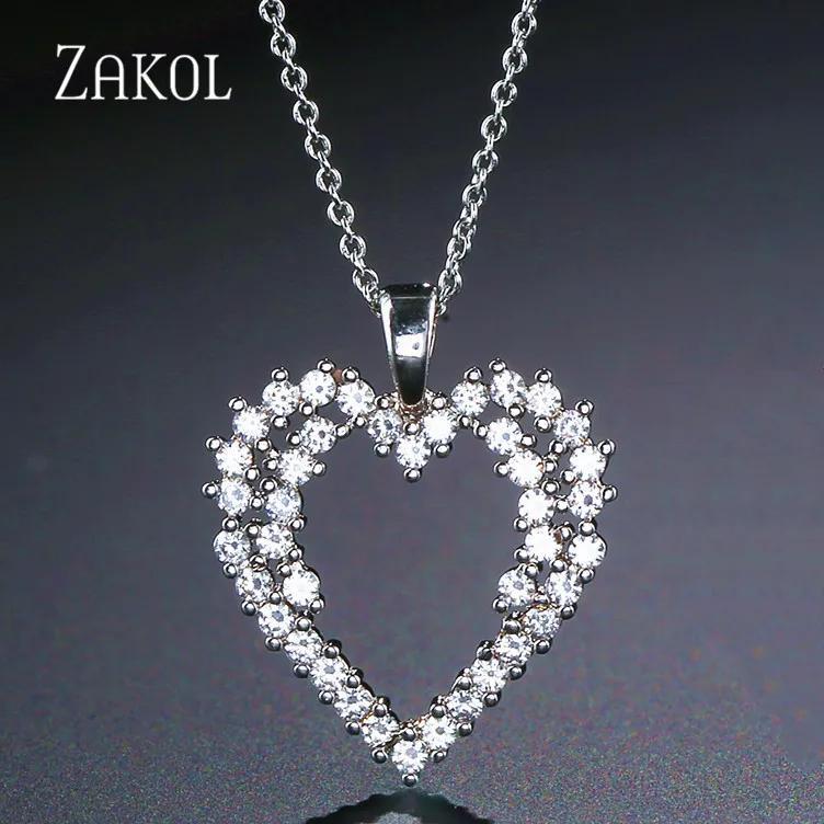 ZAKOL модное ожерелье с кулоном из белого золота с кубическим цирконием, женские вечерние украшения в форме сердца FSNP2028 - Окраска металла: White Color
