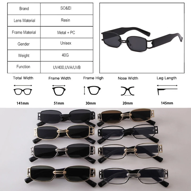 SO&EI Fashion Small Rectangle Women Sunglasses Brand Designer Vintage Square Punk Sun Glasses Men Shades UV400 Clear Eyewear
