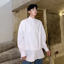 Для мужчин со стоячим воротником Свободный Повседневный пуловер рубашка Мужская Япония уличная хип хоп вечерние рубашки модная одежда для шоу